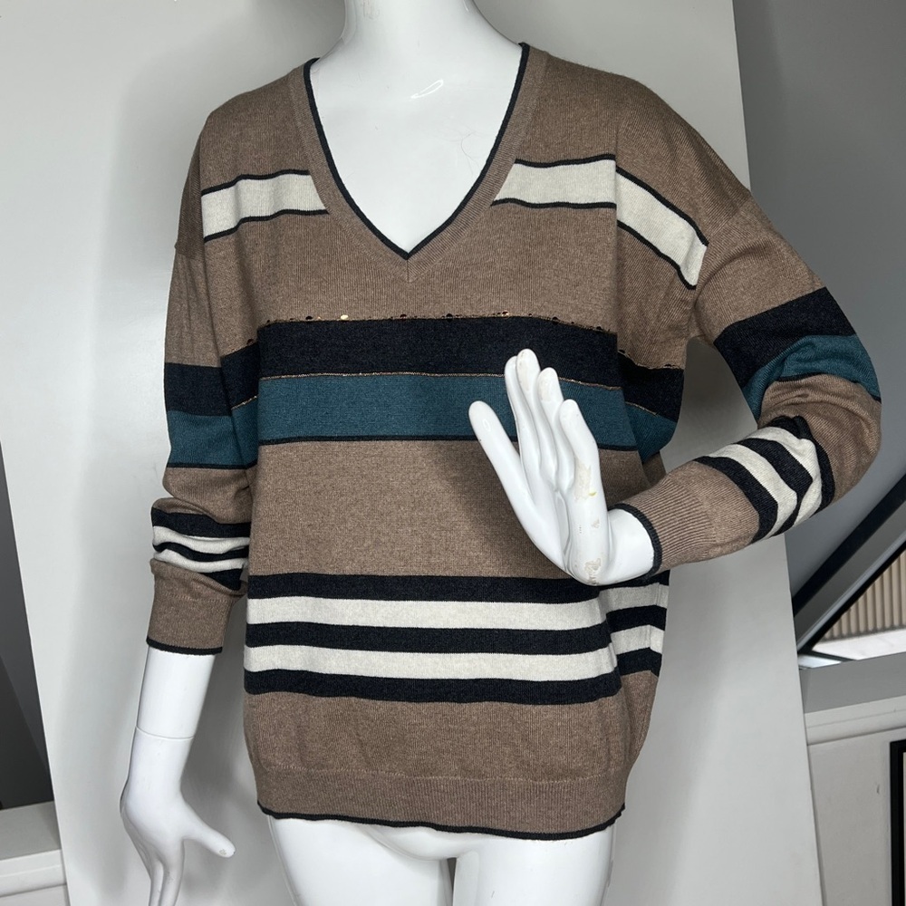 Brunello Cucinelli Sz M 100% Cashmere Rose Gold Monili Sequins V Neck Sweater